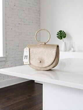 Melie Bianco Gold Glitter Ring-Handle Clutch